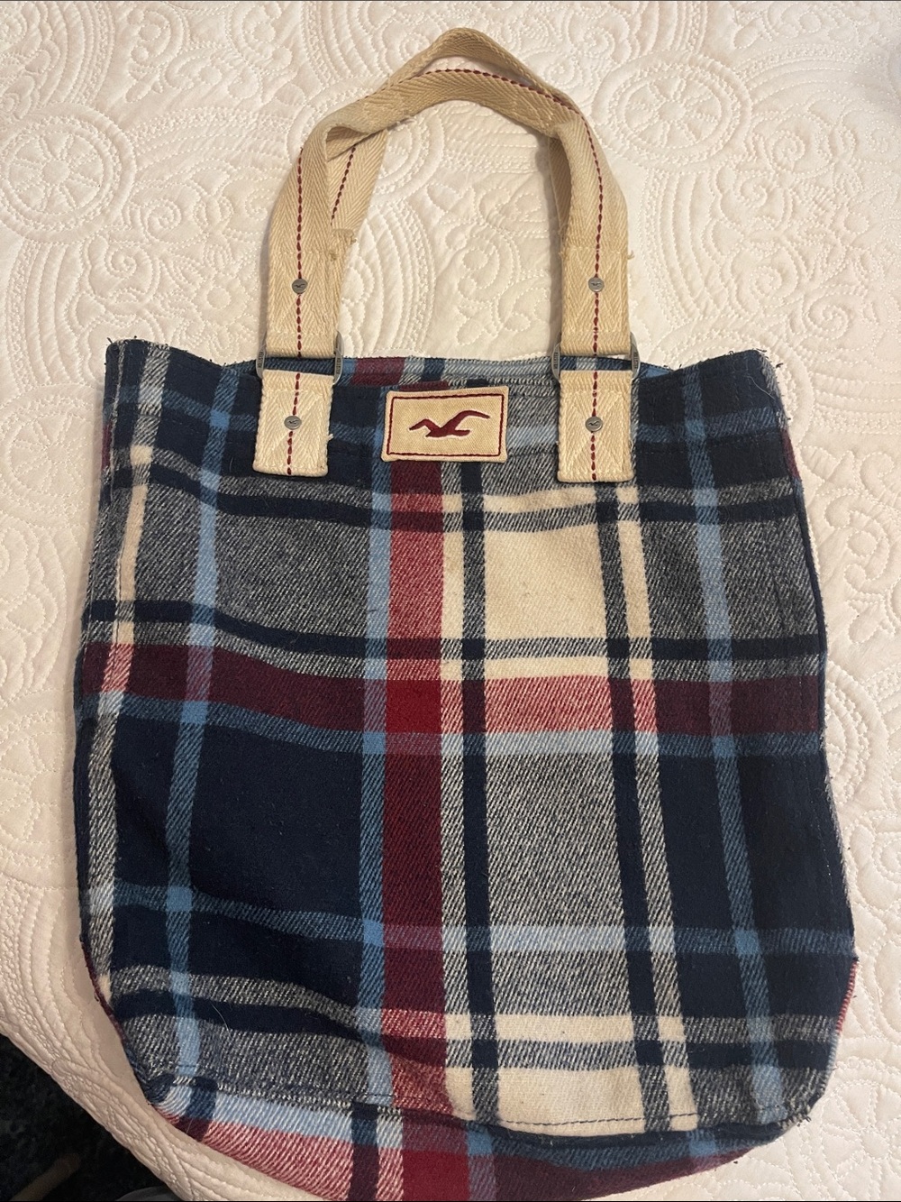 Hollister Plaid Messenger Tote in Navy, Cream and Burgundy